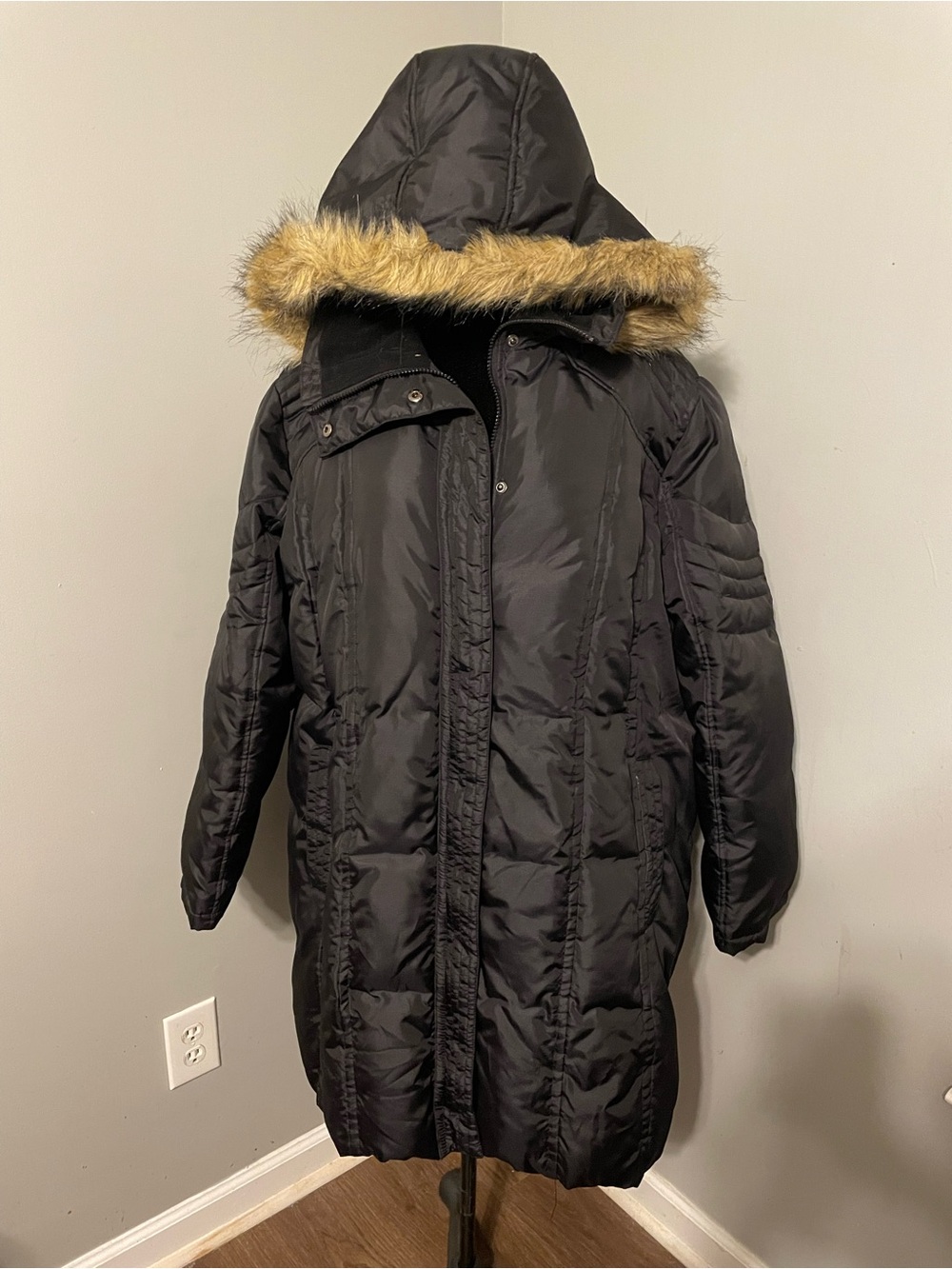 Lane Bryant Black Down Feather Puffer Coat with Faux Fur-Trim Hood